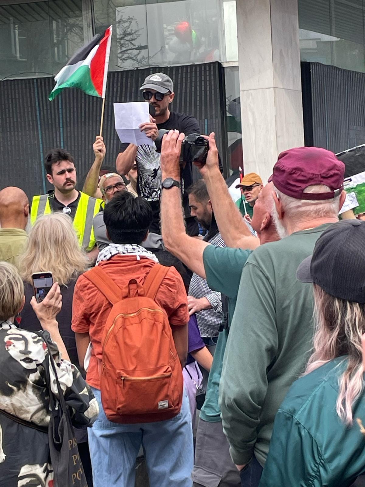 Councillor Shrivastava speaks to crowd at divestment rally April 12th, Lewisham Town Hall.