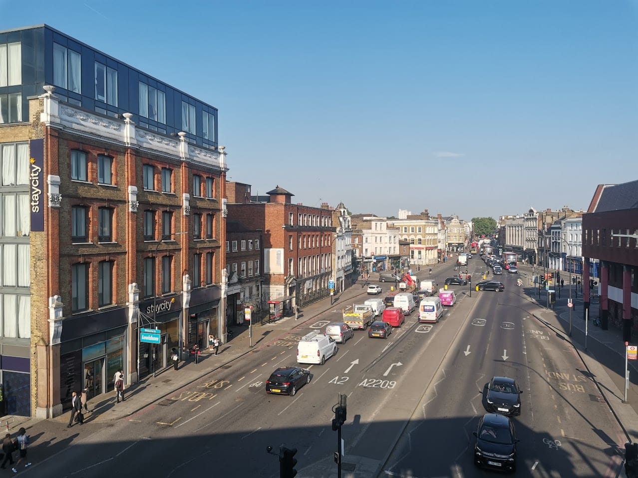 7 lanes of traffic on New Cross Road, at end of the high street.