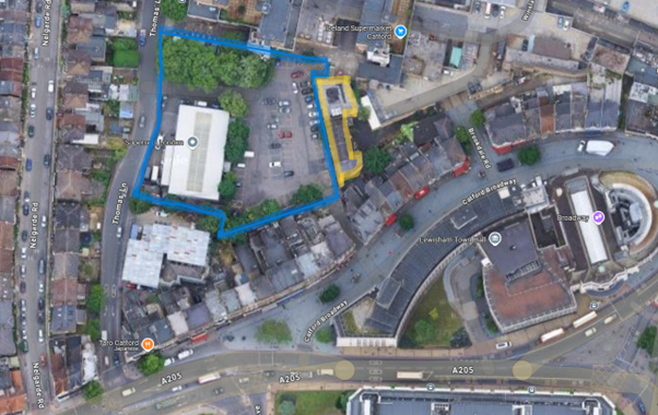 Aerial view with site boundaries drawn on showing Brookdale club adjacent to Thomas Lane Yard