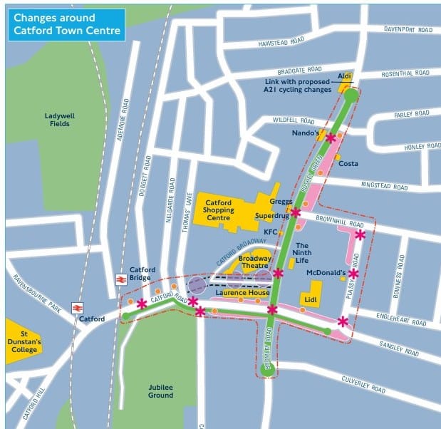 Outline map showing new route of road, new cycling infrastructure and "streets that are easy to cross"