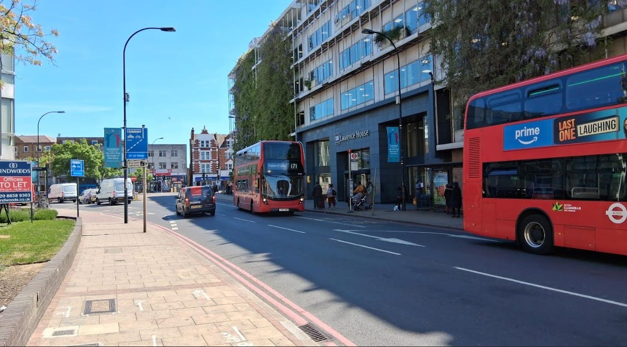 Traffic on road between Laurence House and Lewisham Town Hall, the area which would be pedestrianised.