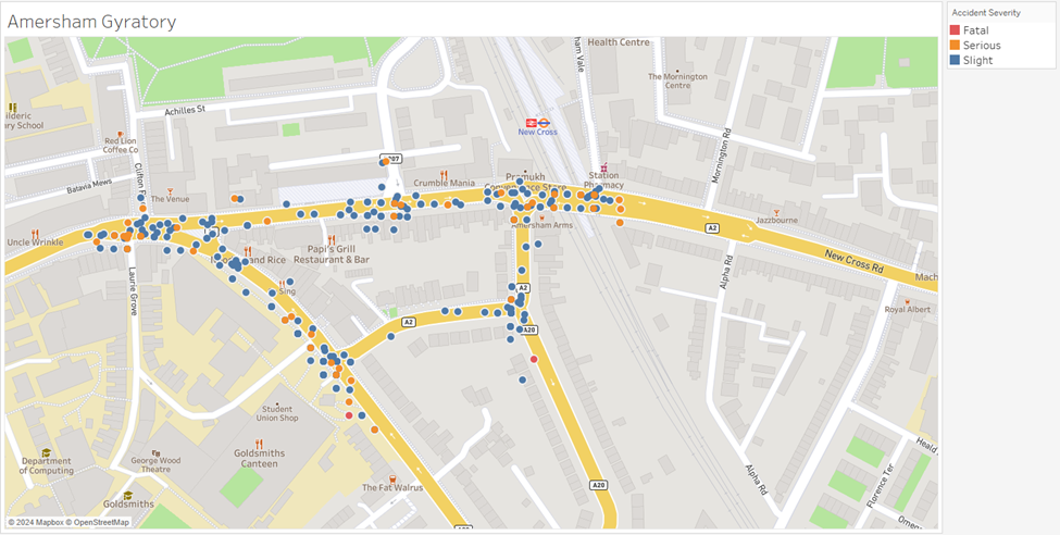 Map of Amersham Gyratory plotting accidents to cyclists.