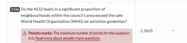 question on scorecard: do the NO2 levels in a significant proportion of neighbourhoods within the council's area exceed the safe WHO air pollution guidelines. Mark minus 1.26