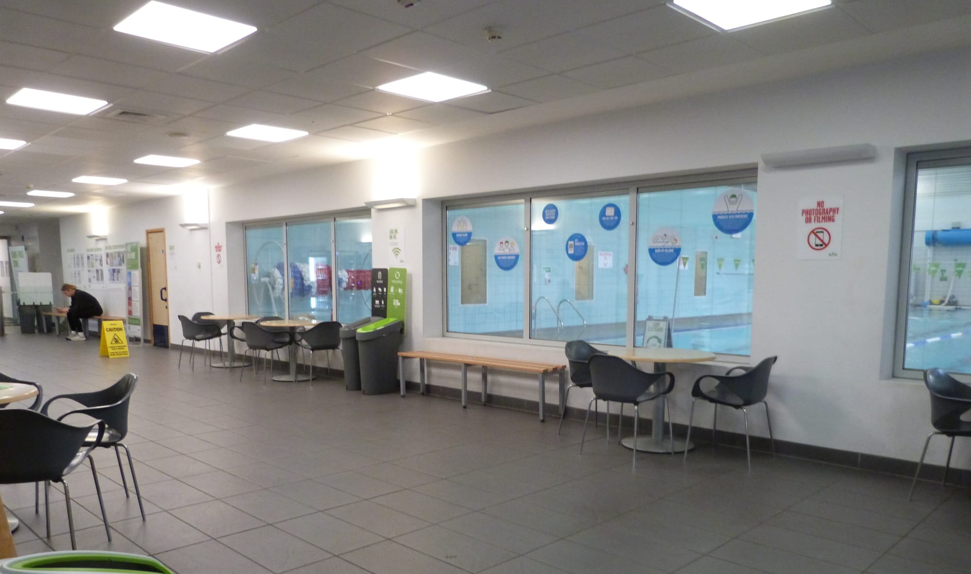 Indoor seating area at Forest Hill Pools leisure centre, "tier 1 cool space".