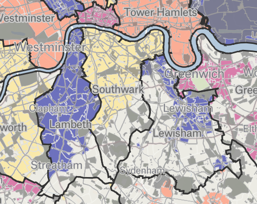 Map with coloured shading showing CPZ coverage in nearby boroughs compared with Lewisham. Lambeth and Southwark have much more coloured shading.