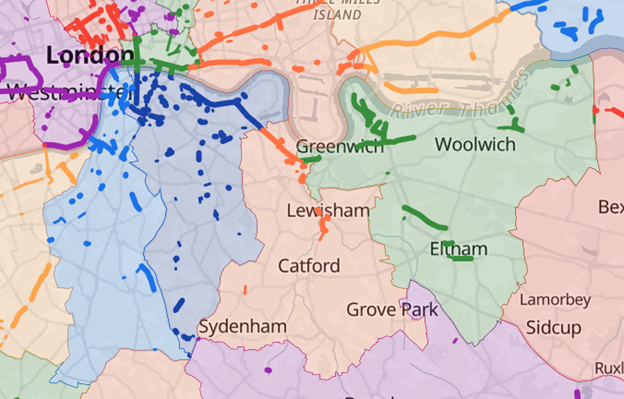 Map showing Lewisham and adjacent boroughs with protected cycle lanes marked in colour.