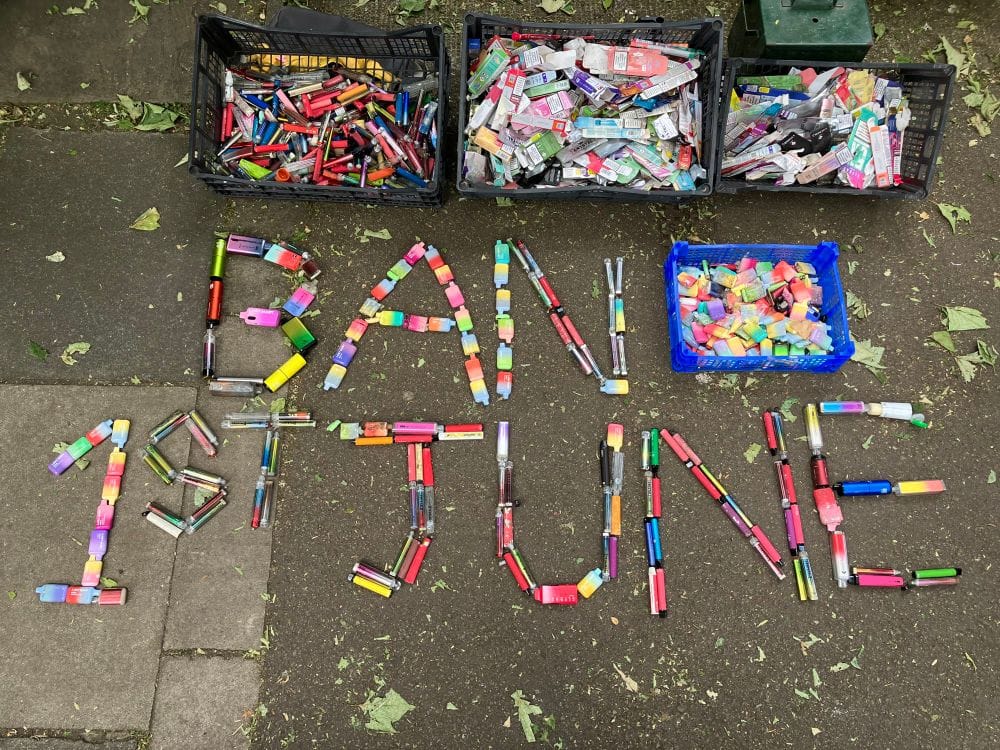 Disposable vape litter used to spell out: "Ban 1st June".