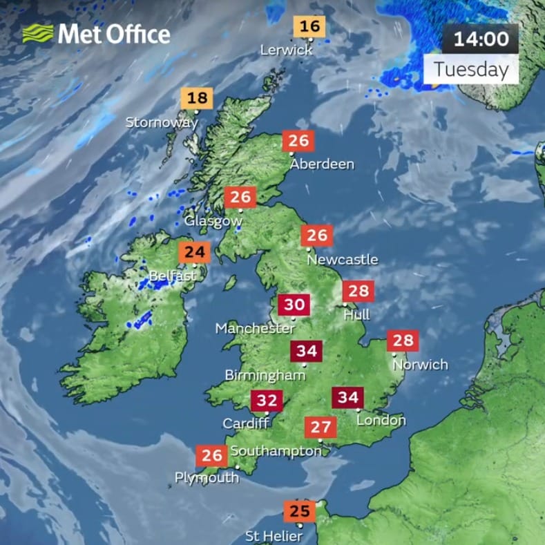 Met office map showing temperature of 34C in London on Tuesday 12th August. 