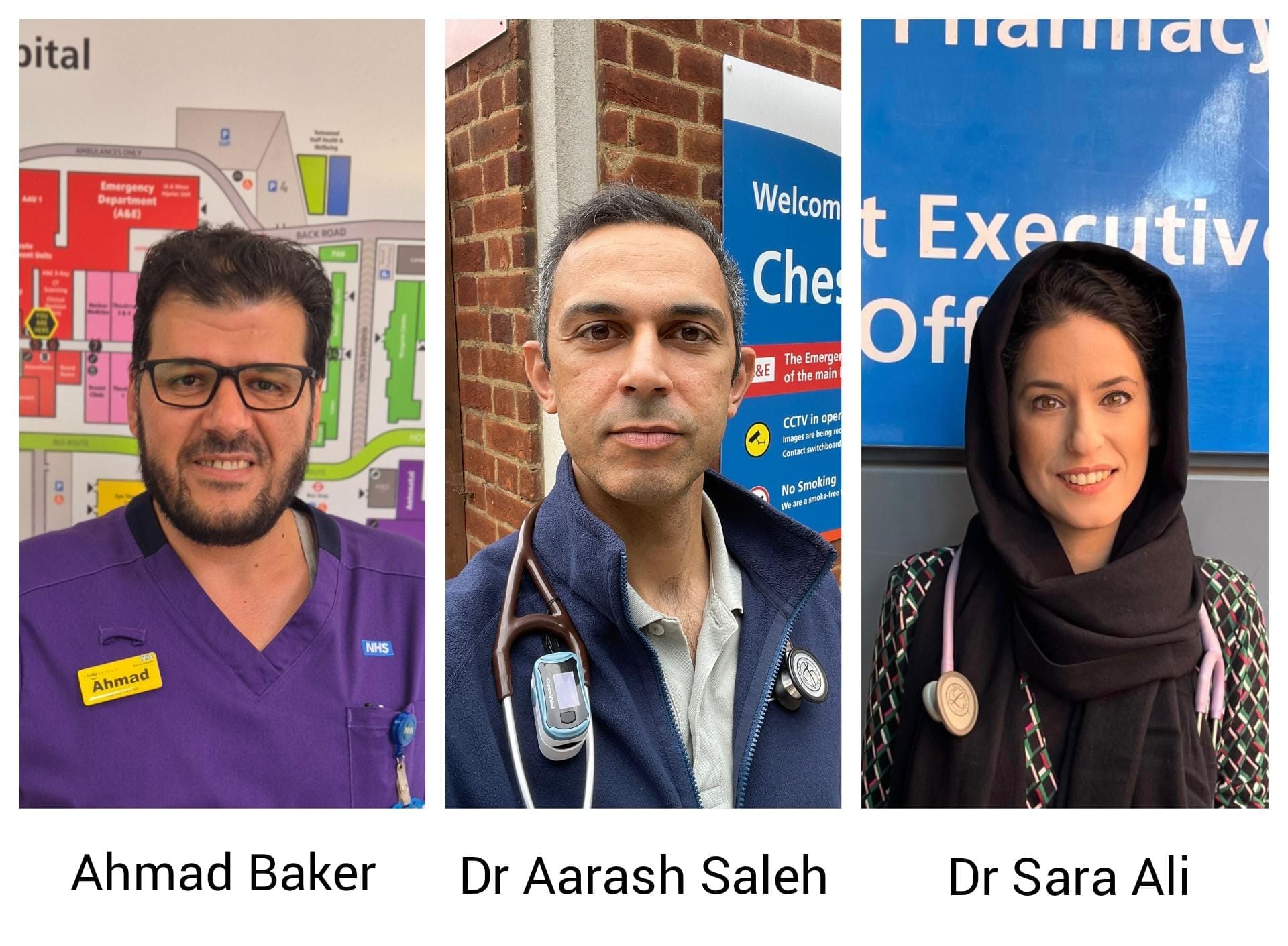 3 portrait photos - Ahmad Baker, Dr Arrash Saleh, Dr Sara Ali