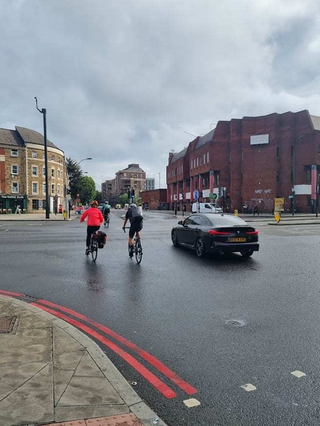 Cyclists unprotected at junction from Brookmill Road to Deptford Church Street.