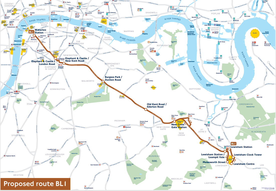 Map showing BL1 route from Lewisham to Waterloo.