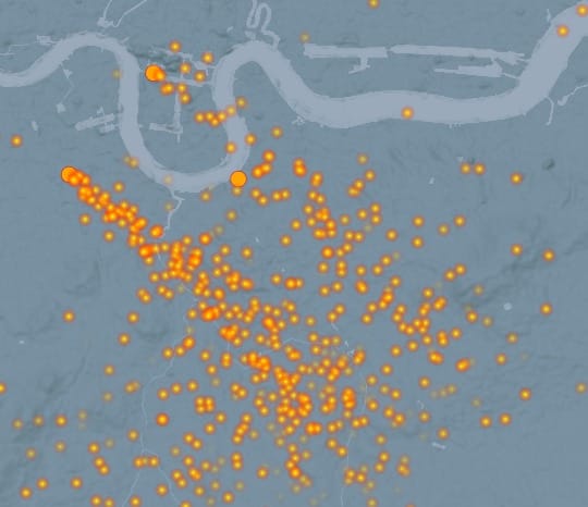 Map showing stream of orange dots representing pollution, streaming from SELCP.