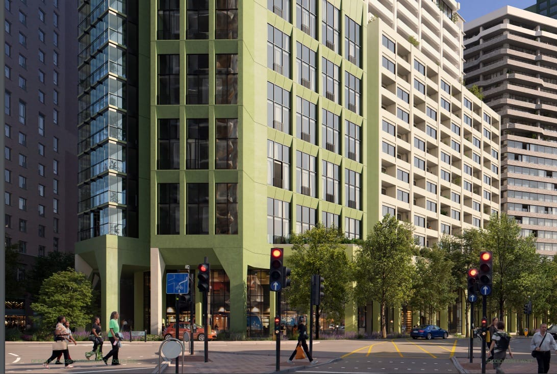 CGI of Lewisham Shopping Centre redevelopment project from Rennell Street showing multiple tower blocks at the roadside.