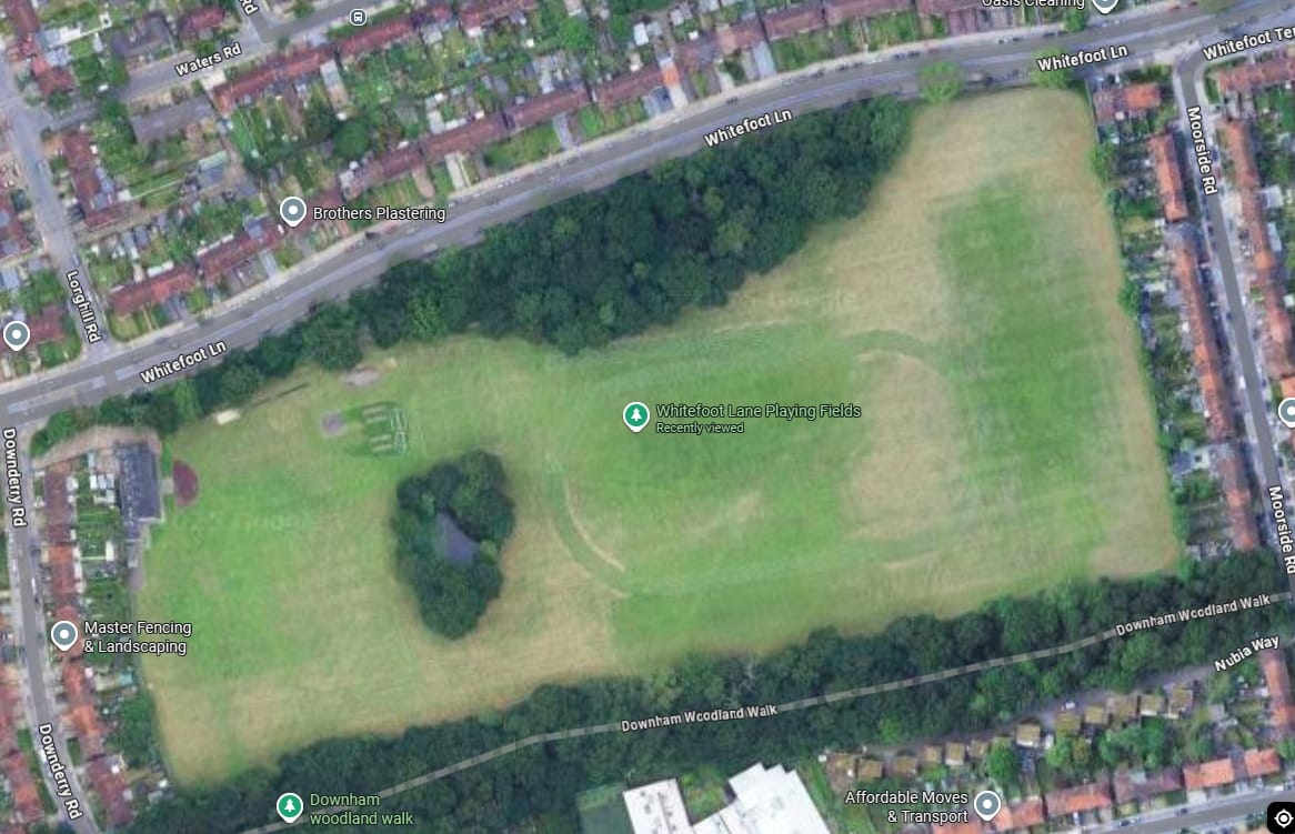 Aerial view of Whitefoot Lane playing fields, bounded by Woodland Walk. Green Woman Oasis is visible surrounded by trees