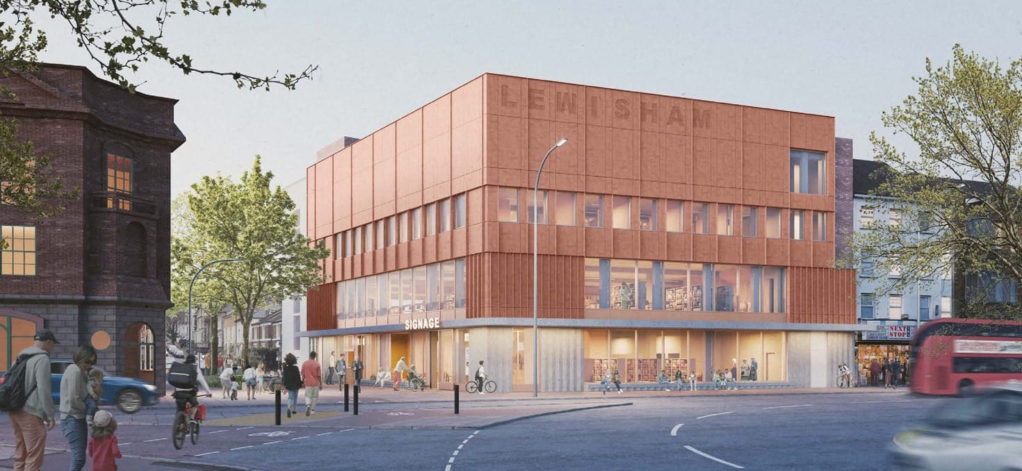 CGI view of refurbished library, with red/pink facing.
