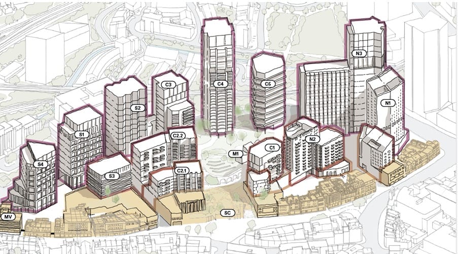 3D sketch of approximately 20 different blocks and tower blocks within the outline scheme.