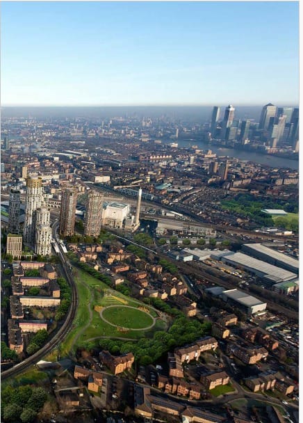 CGT of aerial view of the area - Renewal development of many high-rise tower blocks behind Bridgehouse Meadows and existing estates.