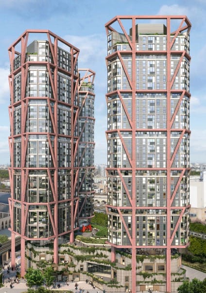 CGT of two angular high-rise tower blocks within Renewal phase 1, 3rd visible in background.