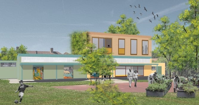 Drawing of Healthy Living Centre at end of changing rooms, with people strolling, tending plants and child playing football.