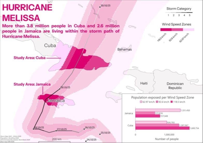 Path of hurricane across Caribbean, more than 3.8 m in Cuba and 2.6 m in Jamaica in storm path