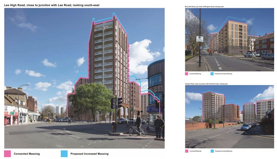 CGI drawings of the 3 planned blocks showing the lower approved heights and the new increased heights.
