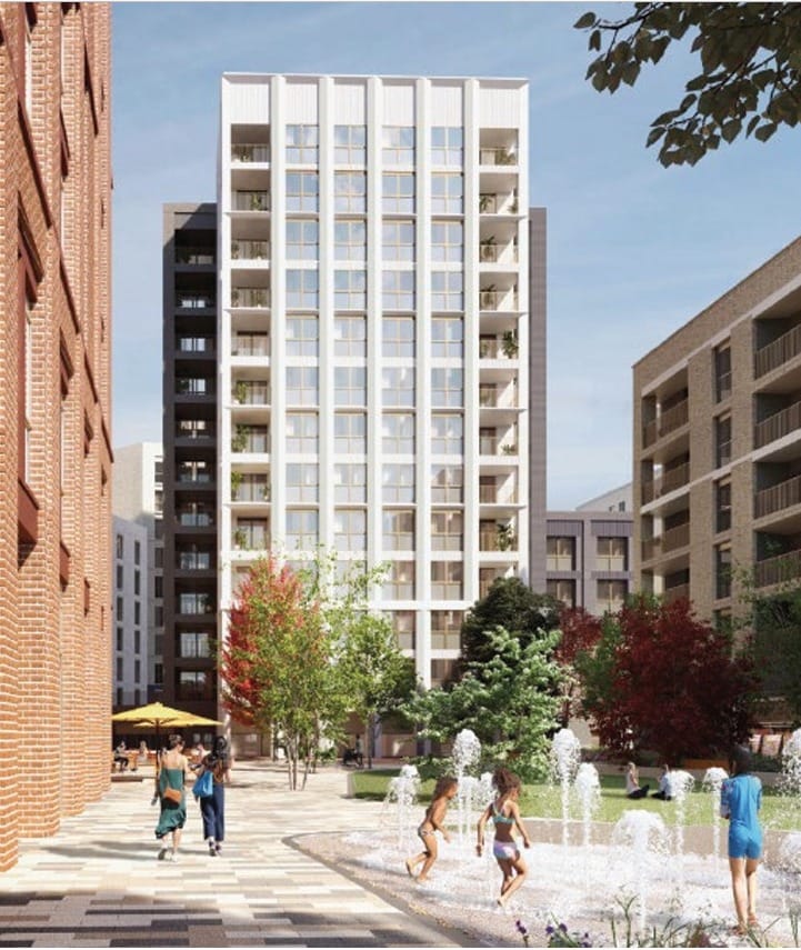 CGI drawing of new block B1 with public square in front, children playing in fountain.