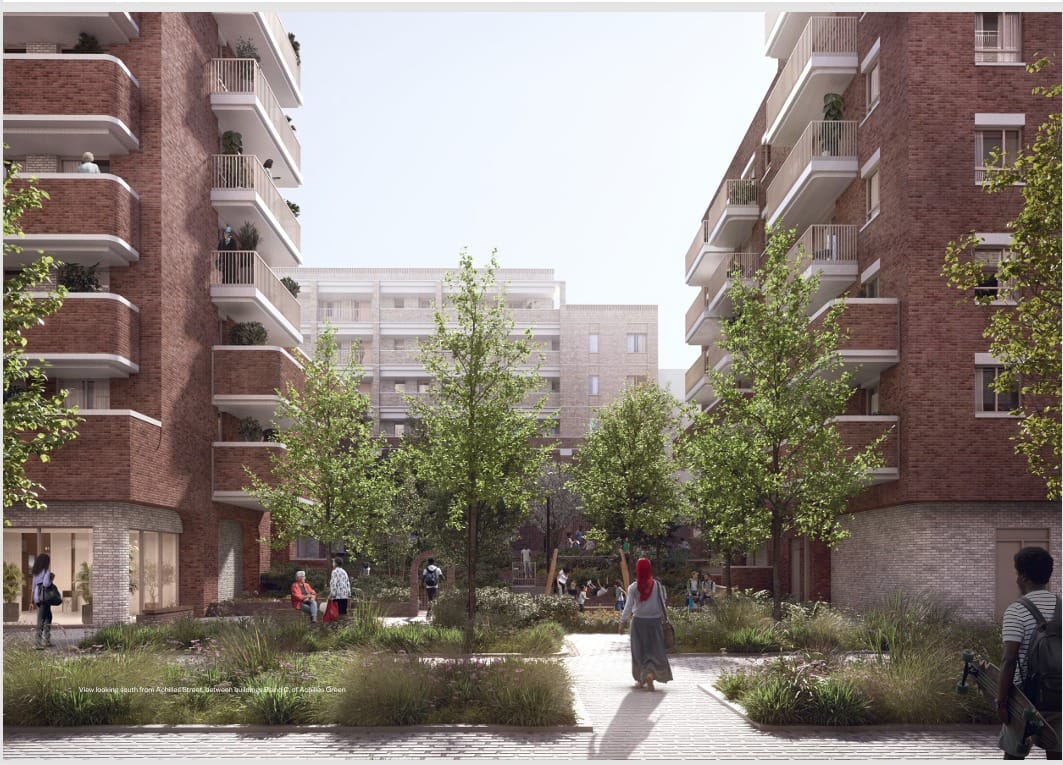 View looking south from Achilles Street, planted green space and brick paths between buildings B and C of Achilles Green