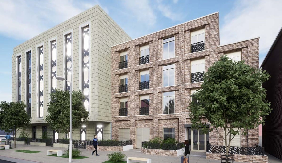 Side view of centre onto Mount Pleasant Road, with Islamic pattern designs over windows.
