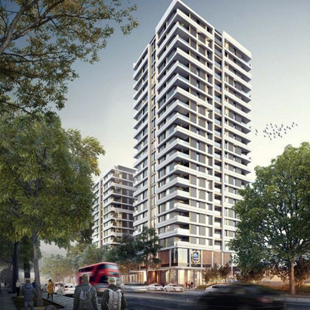 CGI of two tower blocks above Aldi supermarket on Old Kent Road.