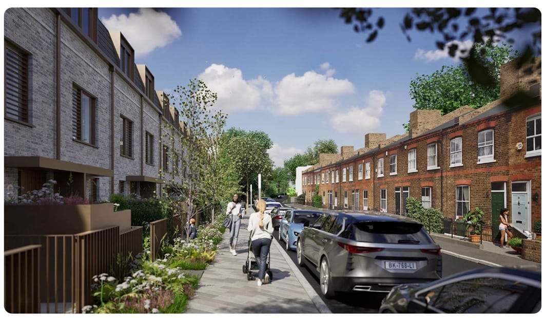 CGI image of Collins Street with terrace of new development on left facing the Victorian terrace.
