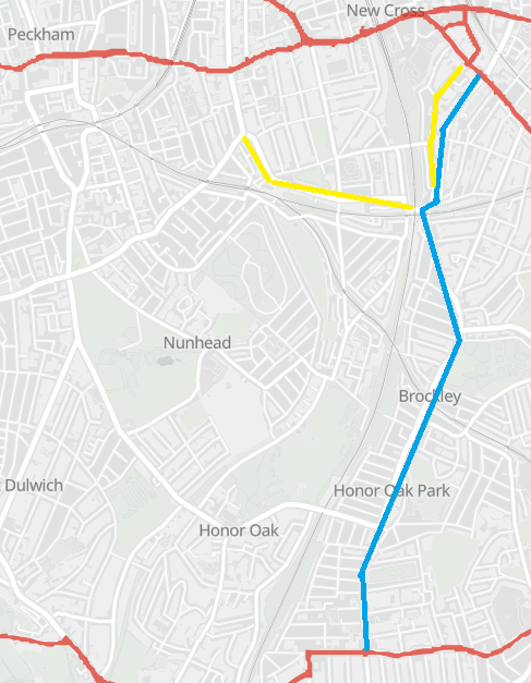 Map showing the route of the current Brockley road safety scheme, the 2 community road safety campaigns and TfL owned roads.