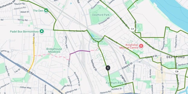 Map of TfL cycleways, Cold Blow Lane marked with reporter suggested new east-west links. 