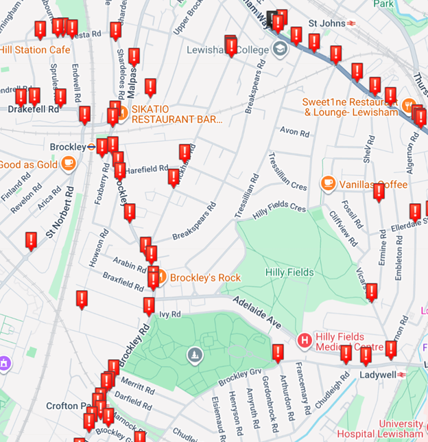 Map from Crashmap UK for 2020-2024 showing clusters of serious and fatal collisions near Crofton Park and Brockley stations.