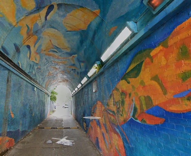Goldfish mural and strip lighting at river Shrine tunnel near Lewisham station. 