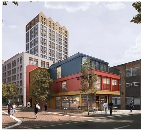 CGI side entrance on Creekside, tower in background with smaller blocks in foreground.