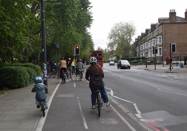 Mind the pole! Dinosaur helmet clad kid wove a bit on the only stretch of cycle lane, but mum managed to avert disaster.