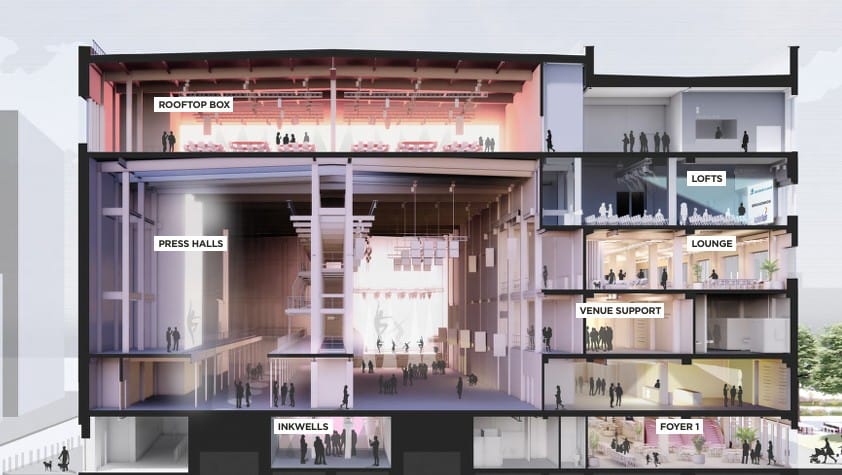 CGI of cross-section - looking into internal layout of Printworks building, showing different rooms.