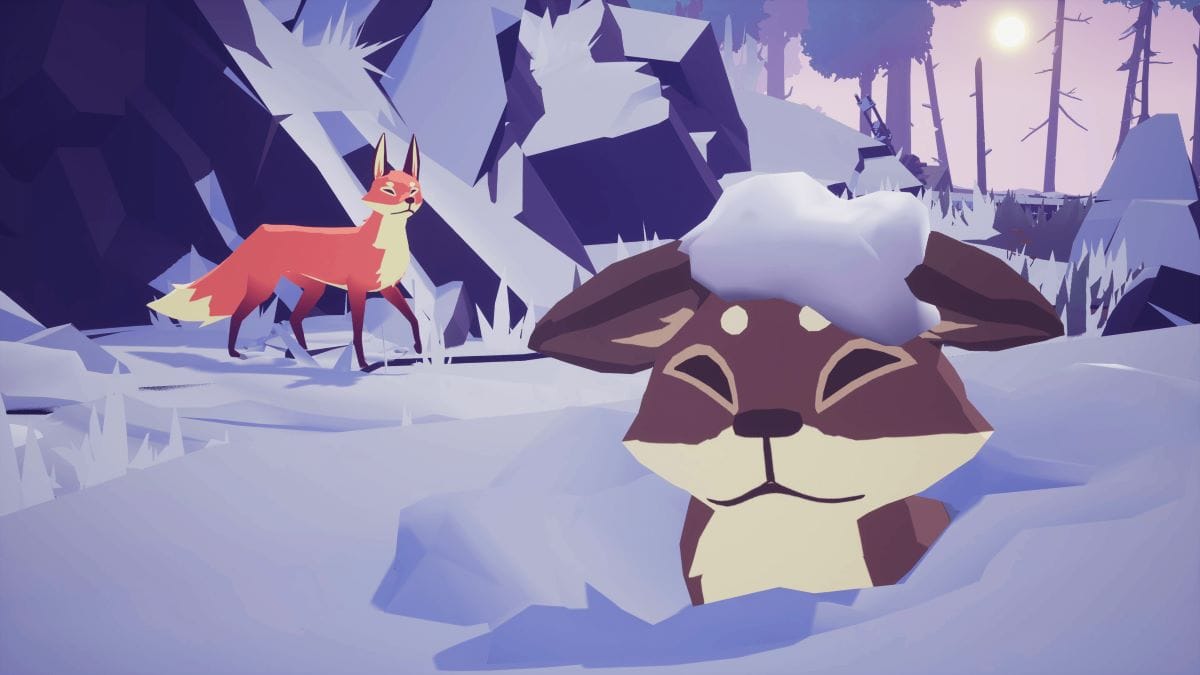 Cartoon-like Image of mother fox in background, cub in the snow in foreground.