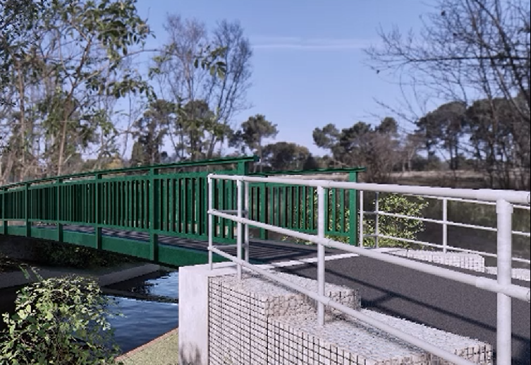 Image of the new bridge, a flatter structure with concrete ramp at each end. 