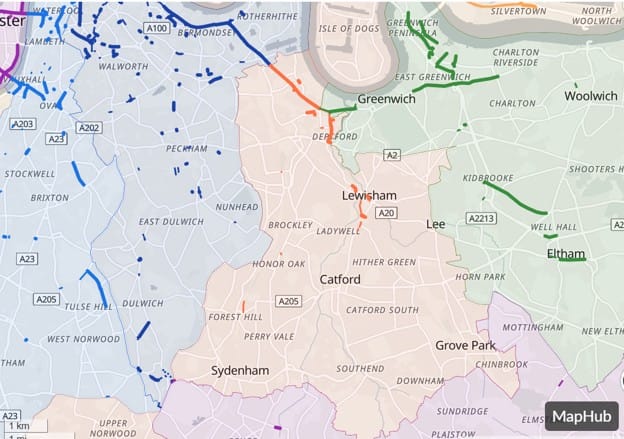 Map shows lack of protected cycle lanes in Lewisham and some comparison with neighbouring boroughs.