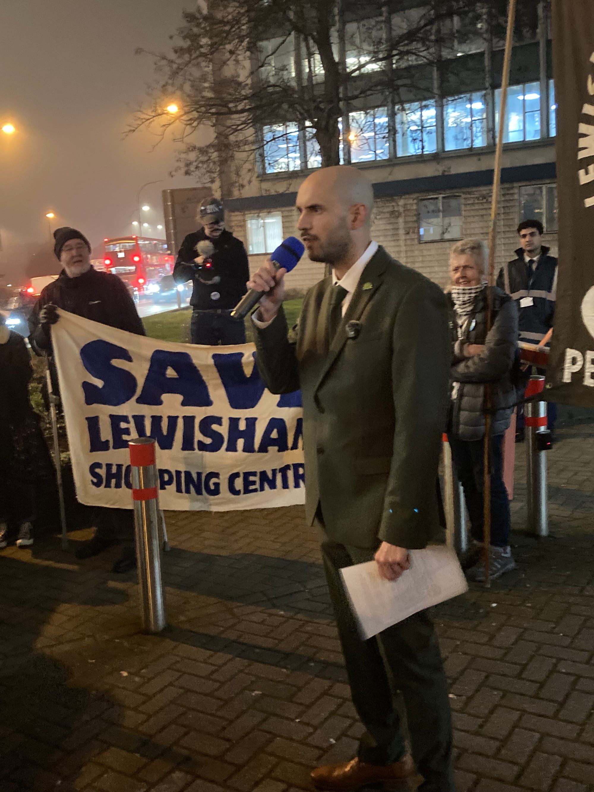 Current Green Party Mayor Liam Shrivastava speaking at a rally for the campaign.