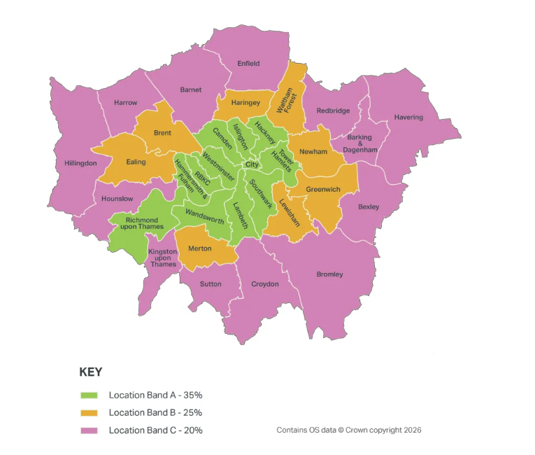 Map of London boroughs showing affordable housing thresholds.  Lewisham is in the middle band with a threshold of 25%.