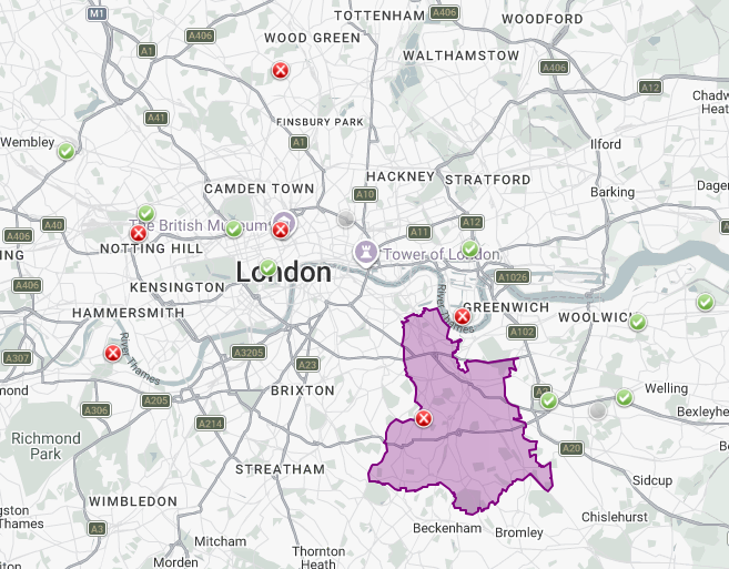 London Air LAQN Monitoring, showing site which have breached annual targets for ozone marked with red cross.  