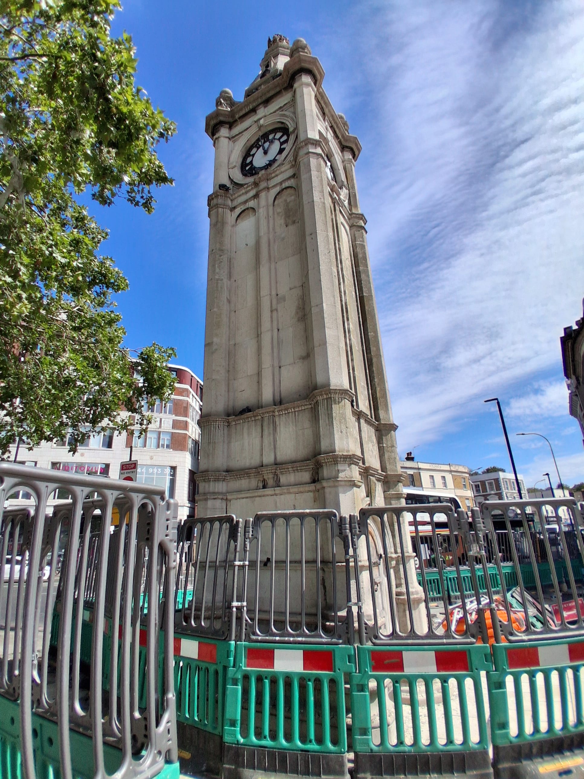 Restoration work with barriers around the Victorian Lewisham clock tower.