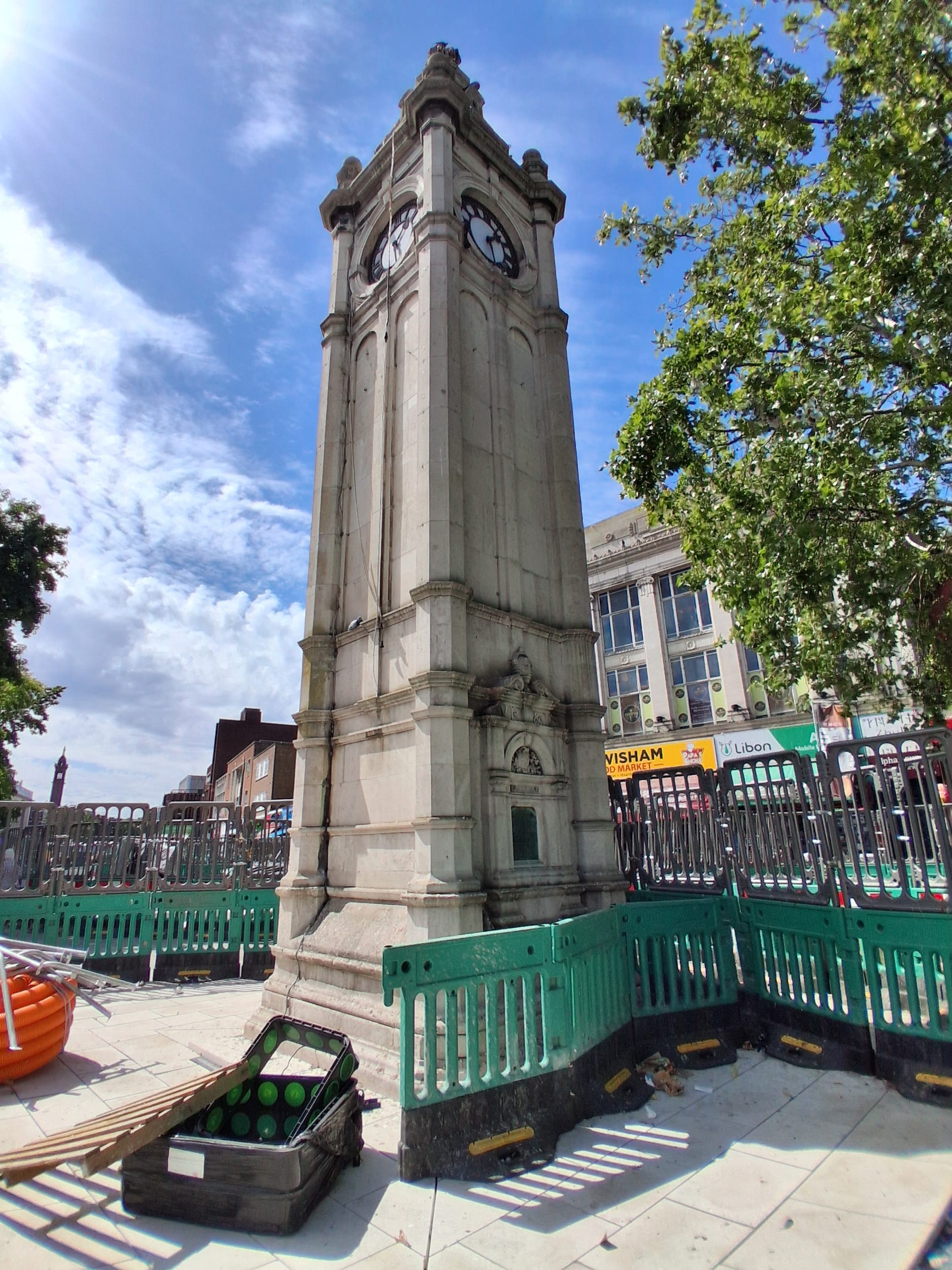 Restoration work with barriers around the Victorian Lewisham clock tower.