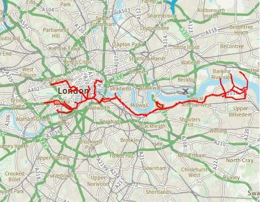 Map showing London Strategic Heat Main as a red line from Bexley west to Pimlico, Westminster on south side of Thames with some branching. 