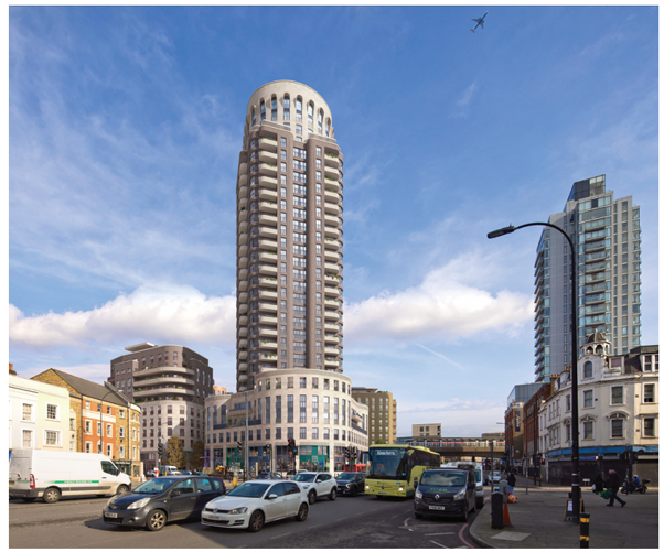 CGI  of building A - 30 storey tower - looming above Deptford Broadway, along with lower building B. 