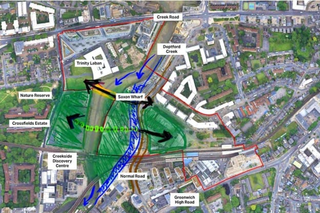 Maps showing the creek with marked up arrows and annotations from the workshop.