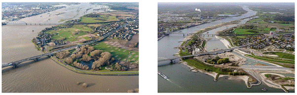Before and After images of the Room for the River initiative in the Netherlands, before showing defined walls and after with softened and graduated banks.