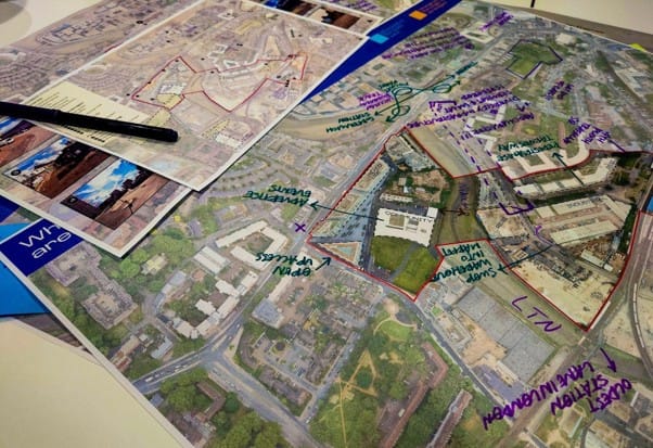 Work in progress - map showing the creek with marked up arrows and annotations from the workshop.